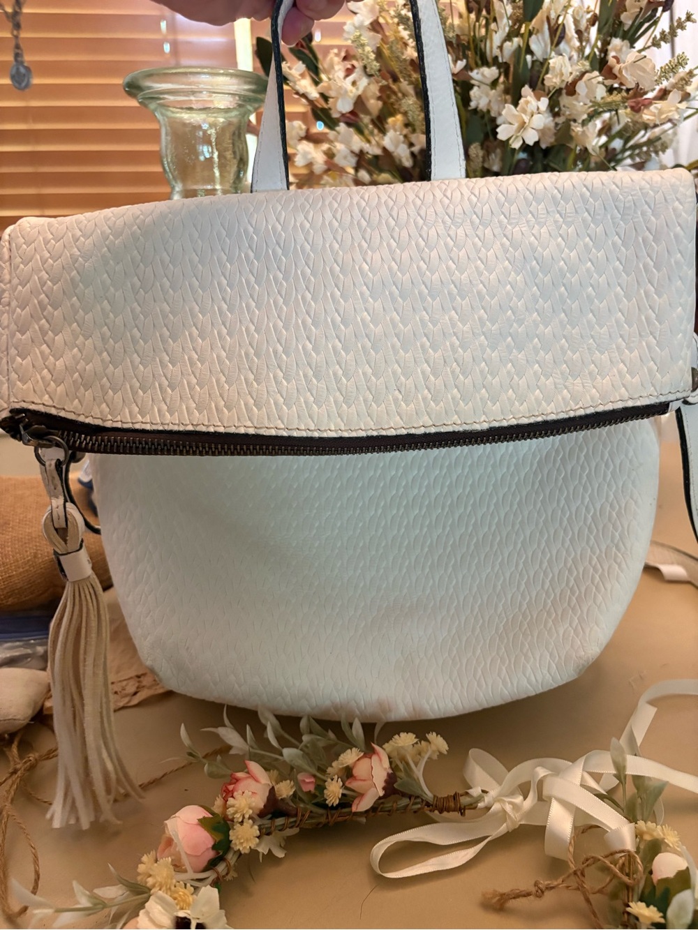 Patricia Nash White Textured Zip-Top Tote with Tassel